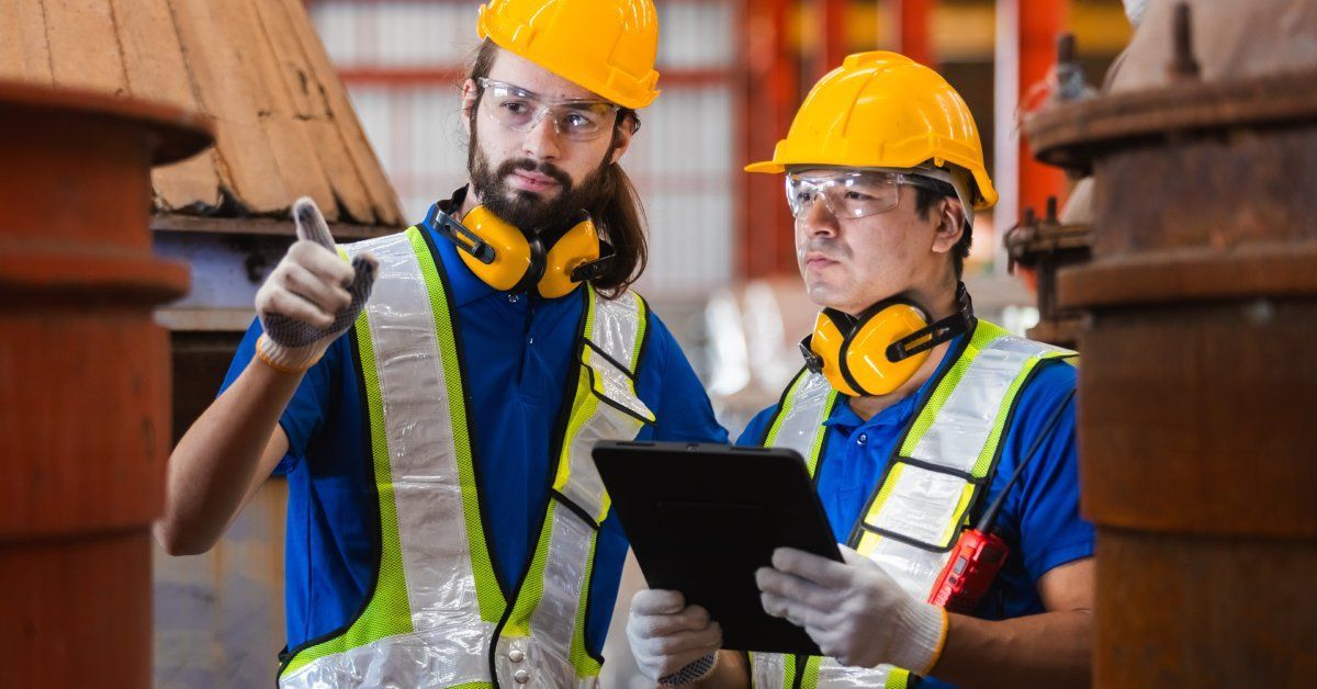 Two male factory workers in protective gear, one holding a tablet, look into the distance. The other worker points.