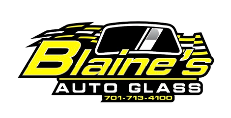 Logo for Blaine's Auto Glass, featuring a car window and checkered flag elements. Yellow and black colors.