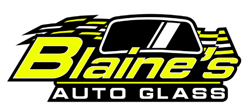 Logo for Blaine's Auto Glass: yellow text and elements, black background. A car window graphic is centered.