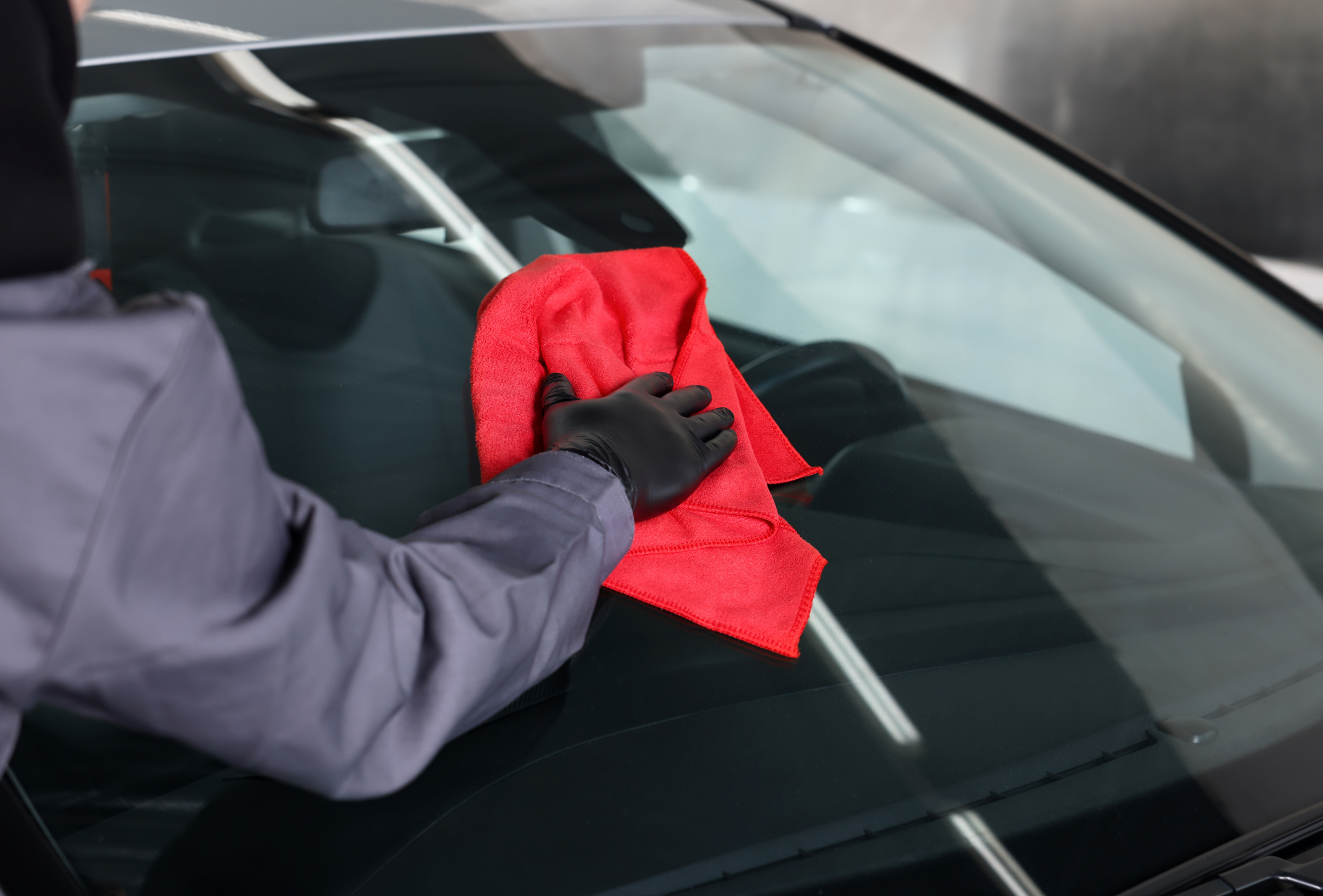 Person in gray uniform and black gloves wiping a car windshield with a red cloth.