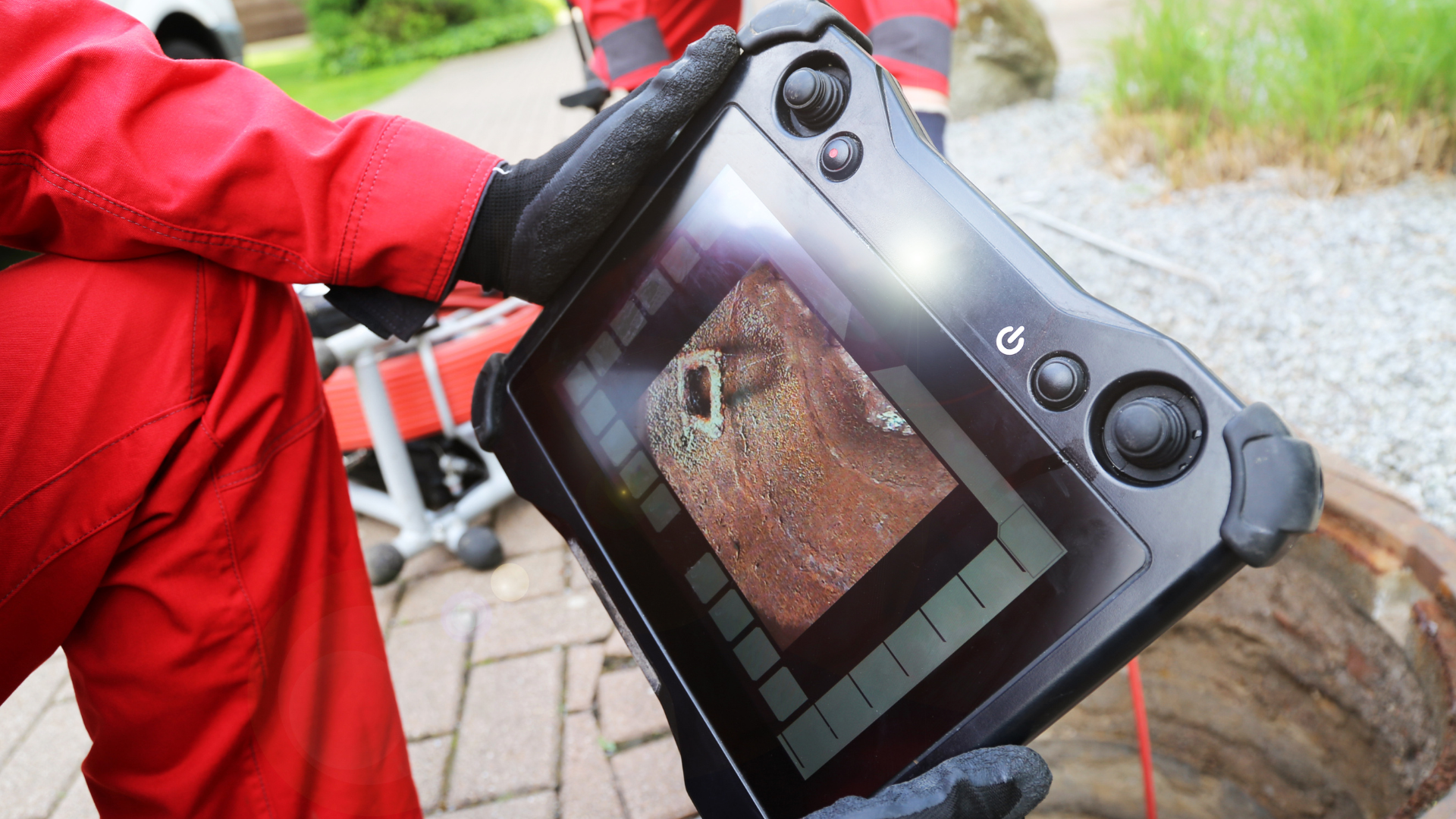 Person in red suit holding a tablet displaying a view inside a sewer; black gloves, brick setting.