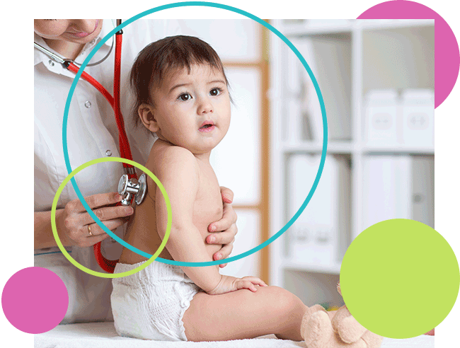 Baby being examined by a doctor with a stethoscope. The baby looks concerned.