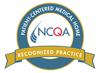 NCQA Patient-Centered Medical Home Recognized Practice seal, blue and gold, with stylized design and text.