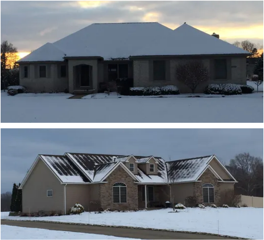 Two pictures of a house with snow on the roof