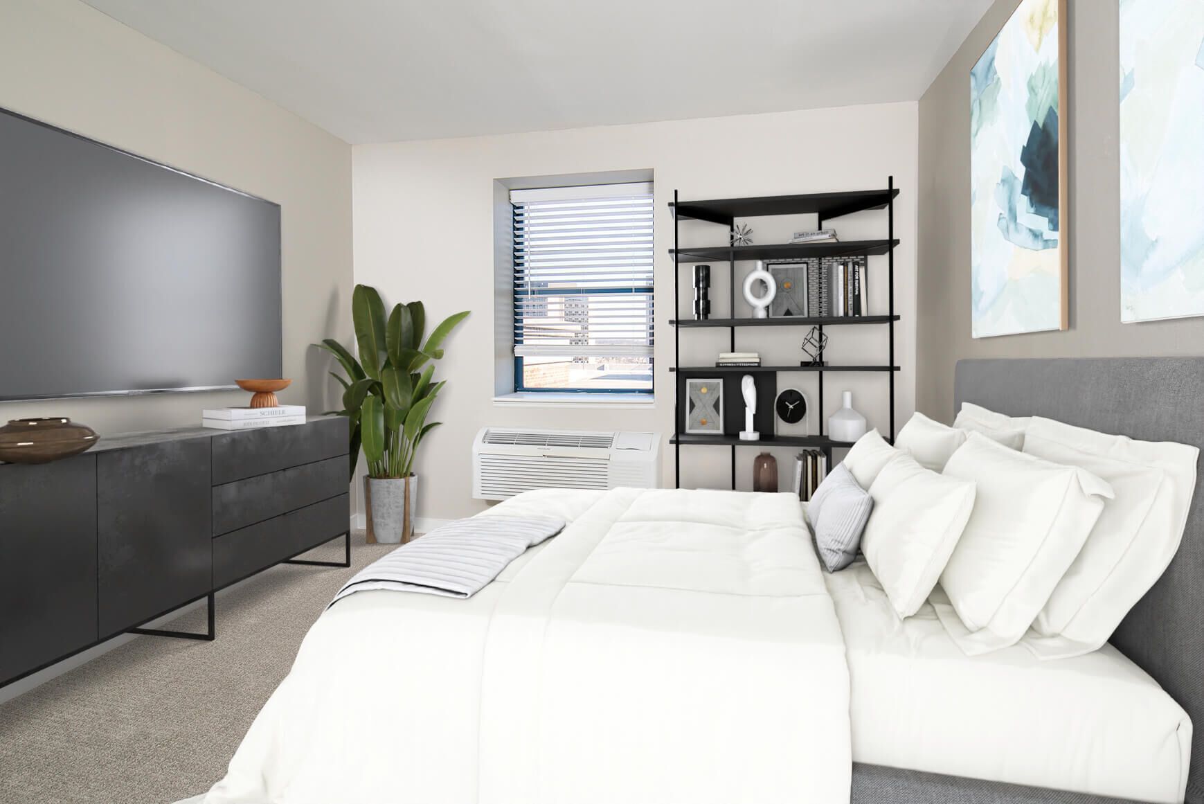 Bedroom with bed, TV, bookshelf, window, and plant. Gray, white, and neutral tones.