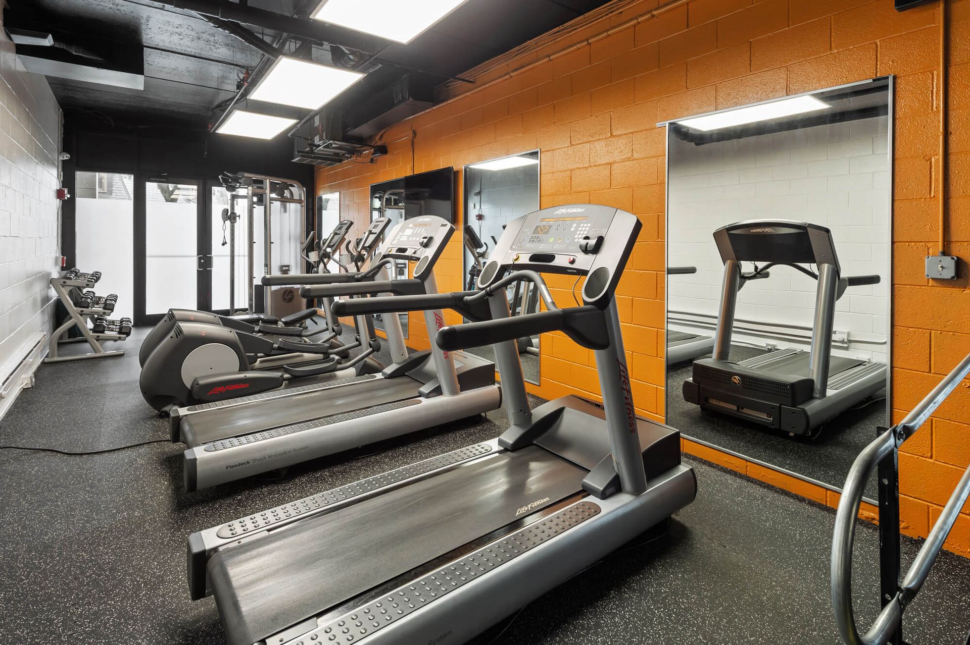 Gym with treadmills, elliptical, weights, and a mirror against orange walls. Black flooring and ceiling.