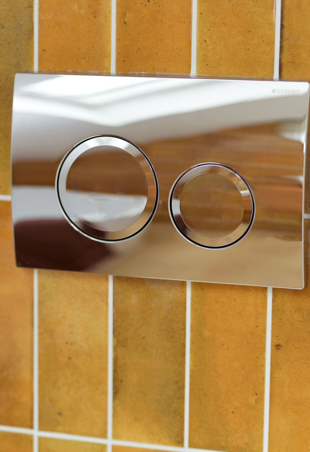 A close up of a toilet flush button on a tiled wall  in a Passivhaus New Builds in East Sussex