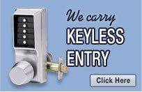 Charm's Locksmith banner featuring a keyless entry padlock and the text 'We carry keyless entry'