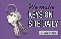 Charm's Locksmith banner featuring a set of keys and the text 'We make keys on site daily'