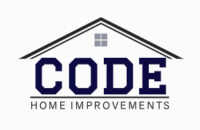 Logo for Code Home Improvements: navy blue text under a house outline, with 