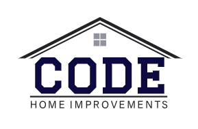 Logo for CODE Home Improvements: dark blue text on a white background with a house-shaped outline.