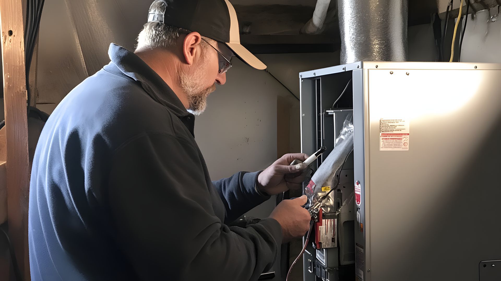 A man is working on an air conditioner in a basement.