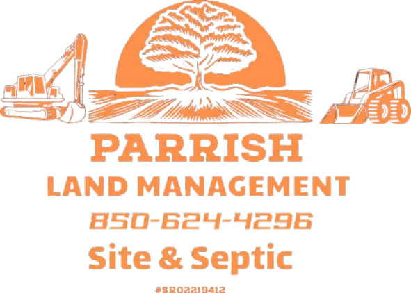 Orange logo for Parrish Land Management with a tree icon, construction equipment illustrations, and contact information.