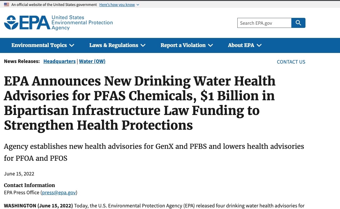 EPA Announces New Drinking Water Health Advisories for PFAS Chemicals, $1 Billion in Bipartisan Infrastructure Law Funding to Strengthen Health Protections