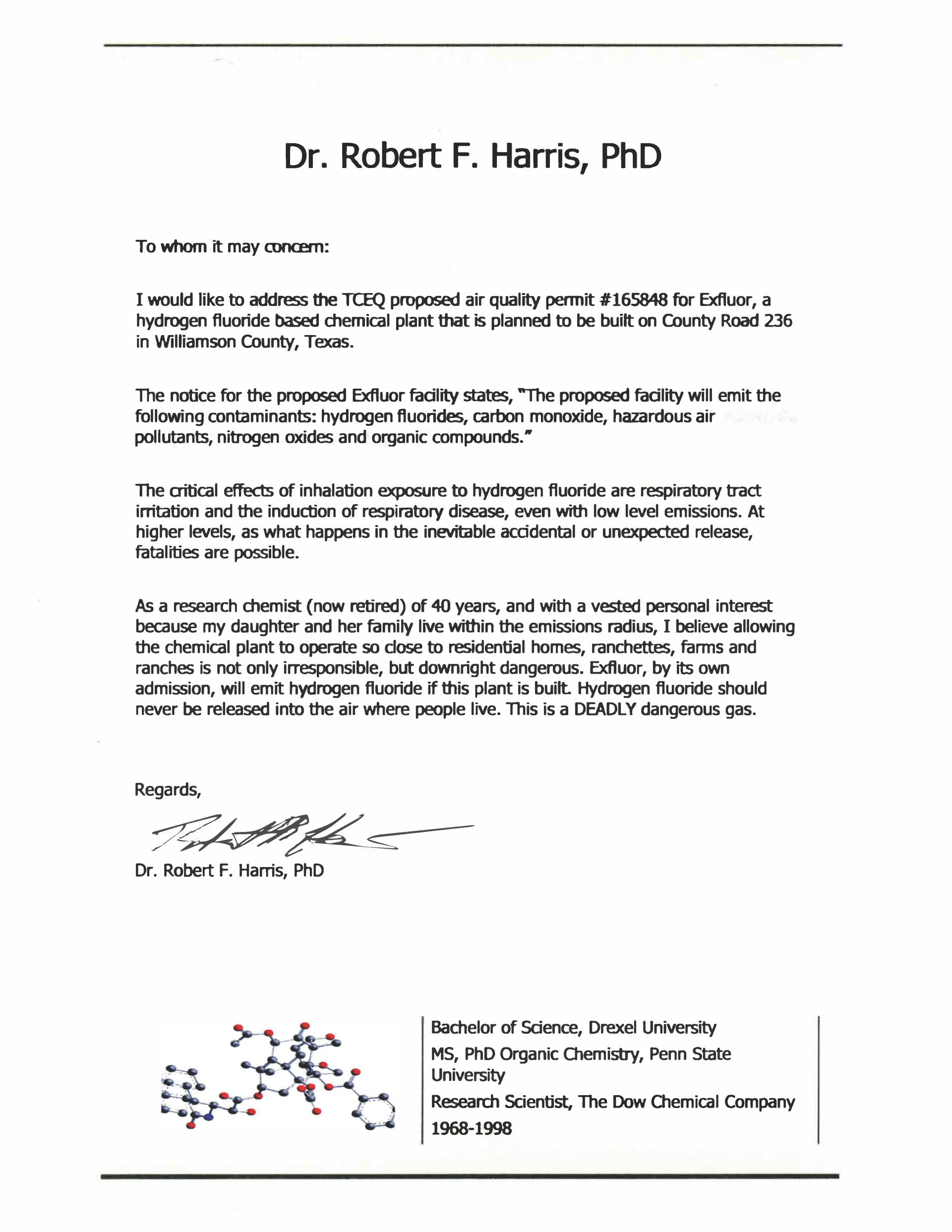 Image of letter transcribed on this news post from Dr. Robert F. Harris, PhD, retired research chemist Dow Chemical Company