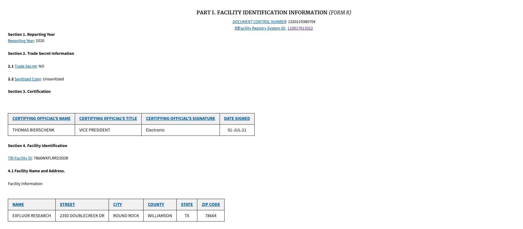 Exfluor EPA Form R REport Summary