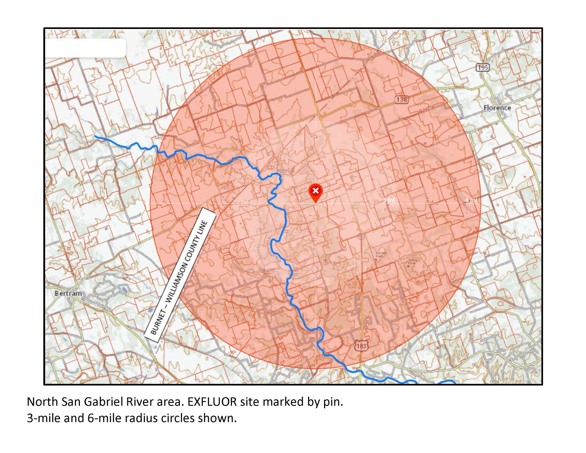 North San Gabriel River area. EXFLUOR site marked by pin. 3-mile and 6-mile radius circles shown.
