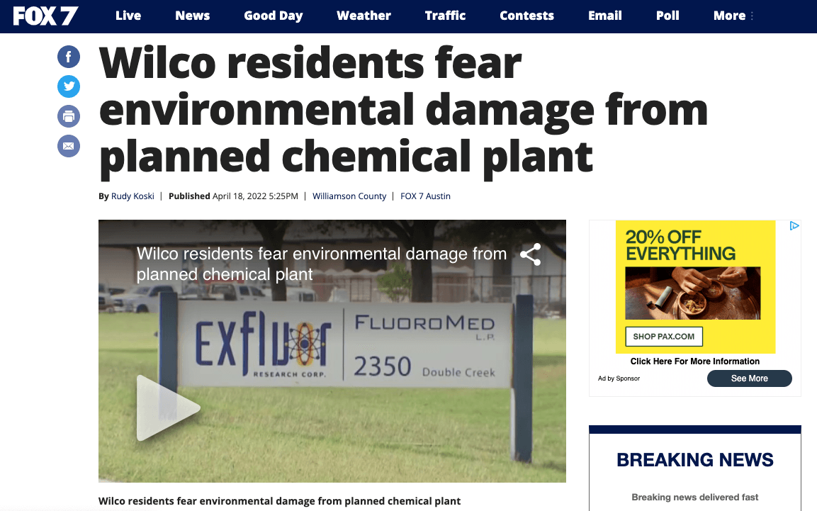 FOX's News Coverage for North San Gabriel Alliance Wilco residents fear environmental damage from planned chemical plant