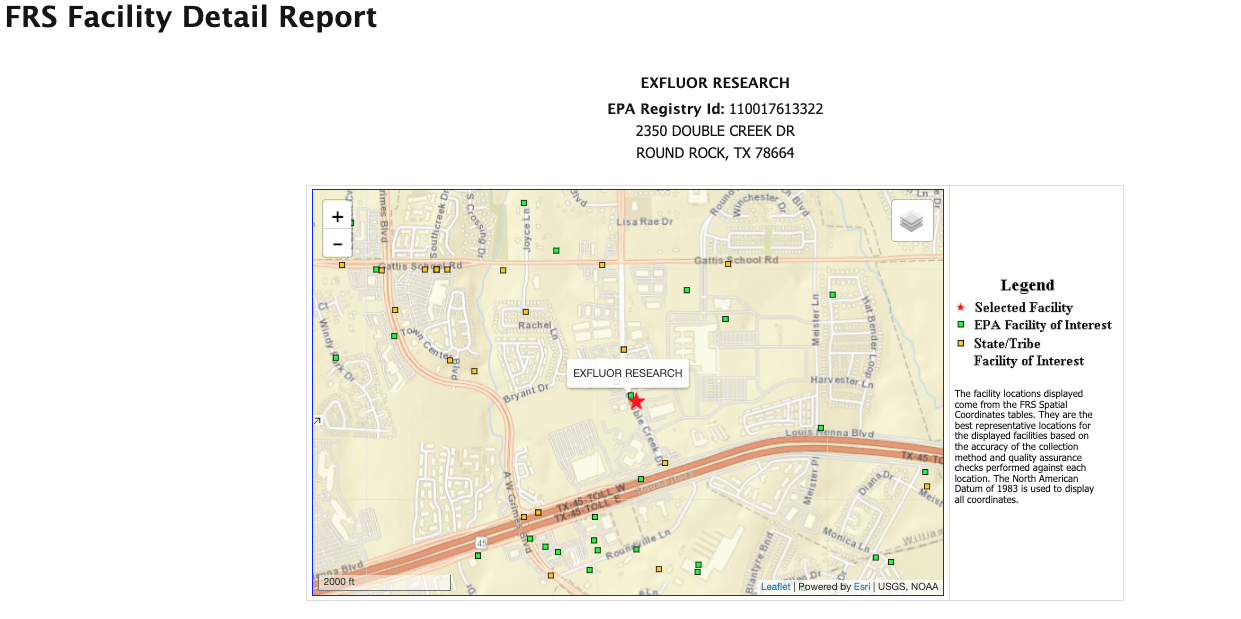 Screenshot of FRS Facility Detail Report EXFLUOR RESEARCH EPA Registry Id 110017613322