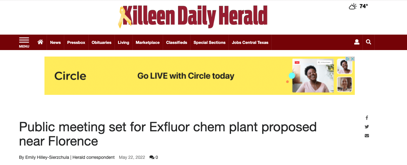 Killeen Daily Herald's Article Public meeting set for Exfluor chem plant proposed near Florence by Emily Hilley-Sierzchula