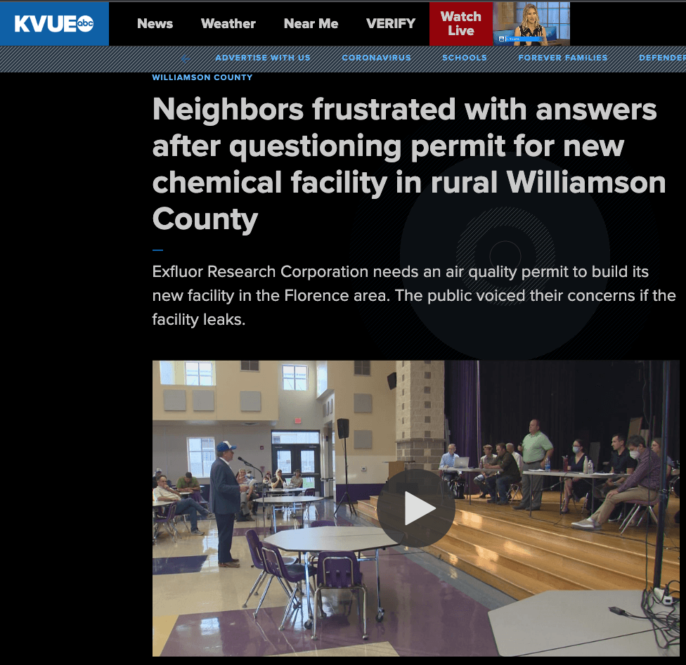 Preview of KVUE article Neighbors frustrated with answers after questioning permit for new chemical facility in rural Williamson County