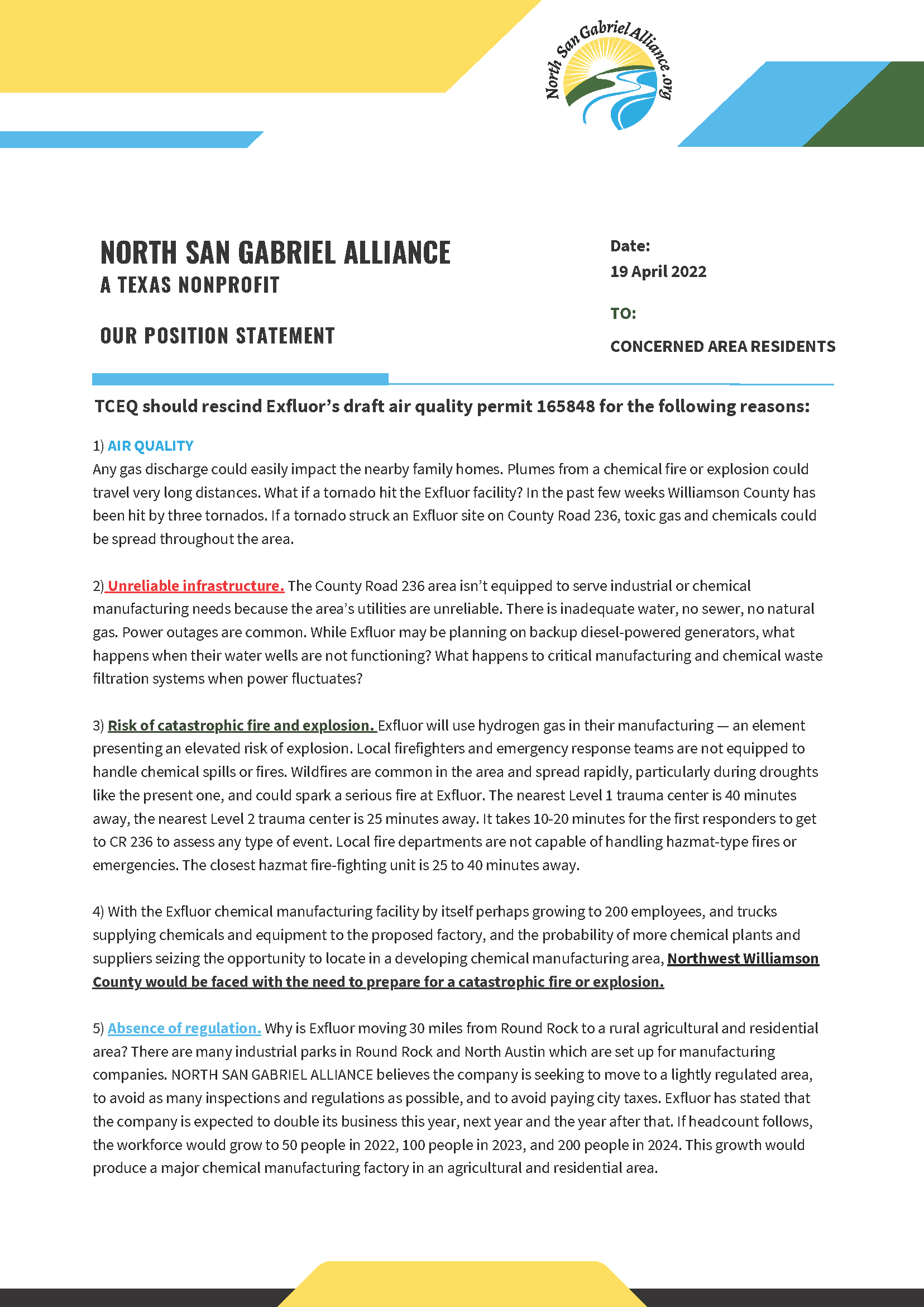 North San Gabriel Alliance Position Statement from the Board