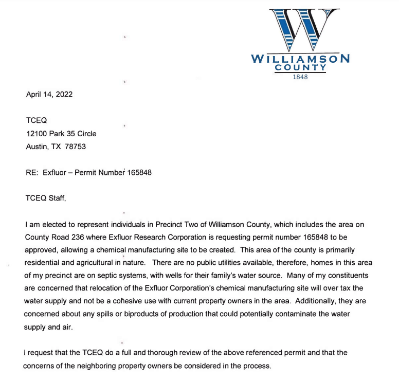 READ: WILLIAMSON COUNTY PRECINCT TWO COMMISSIONER CYNTHIA LONG'S LETTER TO THE TCEQ