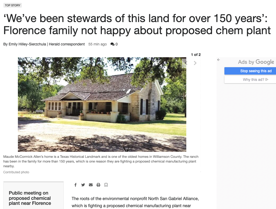 SCREEN SHOT OF THE RECENT NEW ARTICLE IN THE KILLEEN DAILY HERALD ‘We’ve been stewards of this land for over 150 years’: Florence family not happy about proposed chem plant