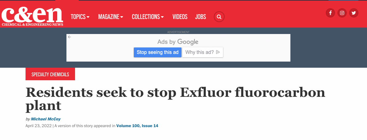 Click to read Residents seek to stop Exfluor fluorocarbon plant