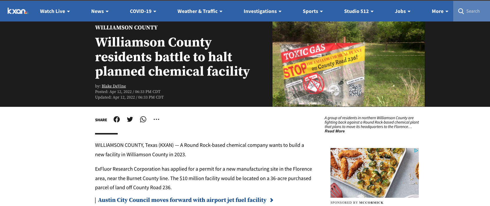 Read Blake Devine's full article on the KXAN website here: Williamson County residents battle to halt planned chemical facility