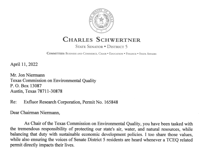 STATE SENATOR CHARLES SCHWERTNER'S LETTER TO TCEQ ABOUT EXFLUOR'S PROPOSED AIR PERMIT.