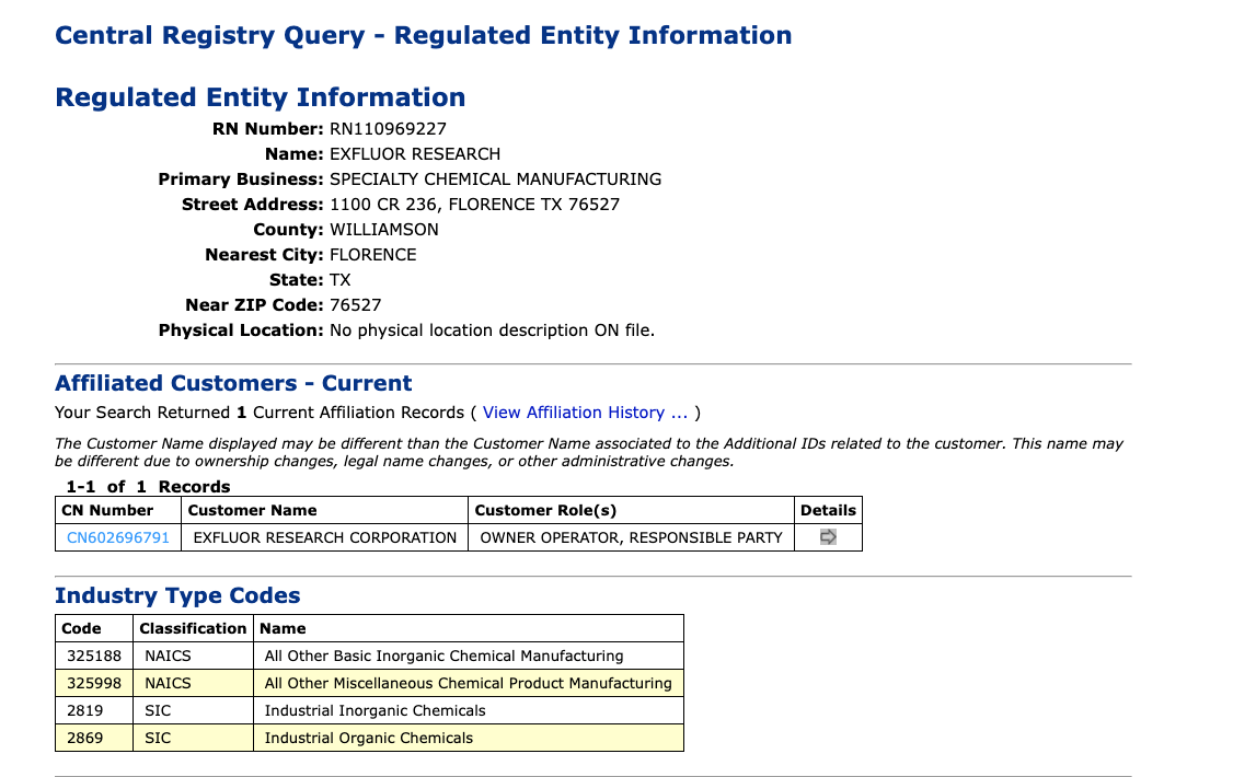 Central Registry Query - Regulated Entity Information Regulated Entity Information RN Number:RN110969227 Name: EXFLUOR RESEARCH  Primary Business: SPECIALTY CHEMICAL MANUFACTURING  Street Address:1100 CR 236, FLORENCE TX 76527  County:WILLIAMSON  Nearest City:FLORENCE  State:TX  Near ZIP Code:76527  Physical Location: No physical location description ON file.