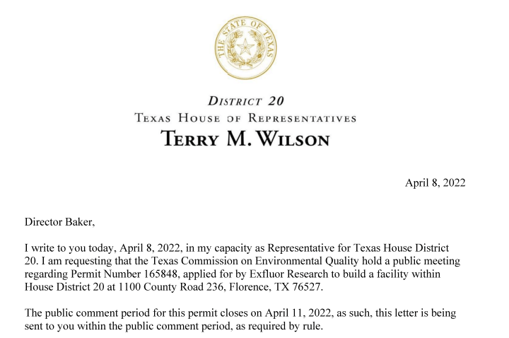 READ: TEXAS HOUSE OF REPRESENTATIVES  TERRY M. WILSON'S LETTER TO TO THE TCEQ  REQUESTING A PUBLIC M