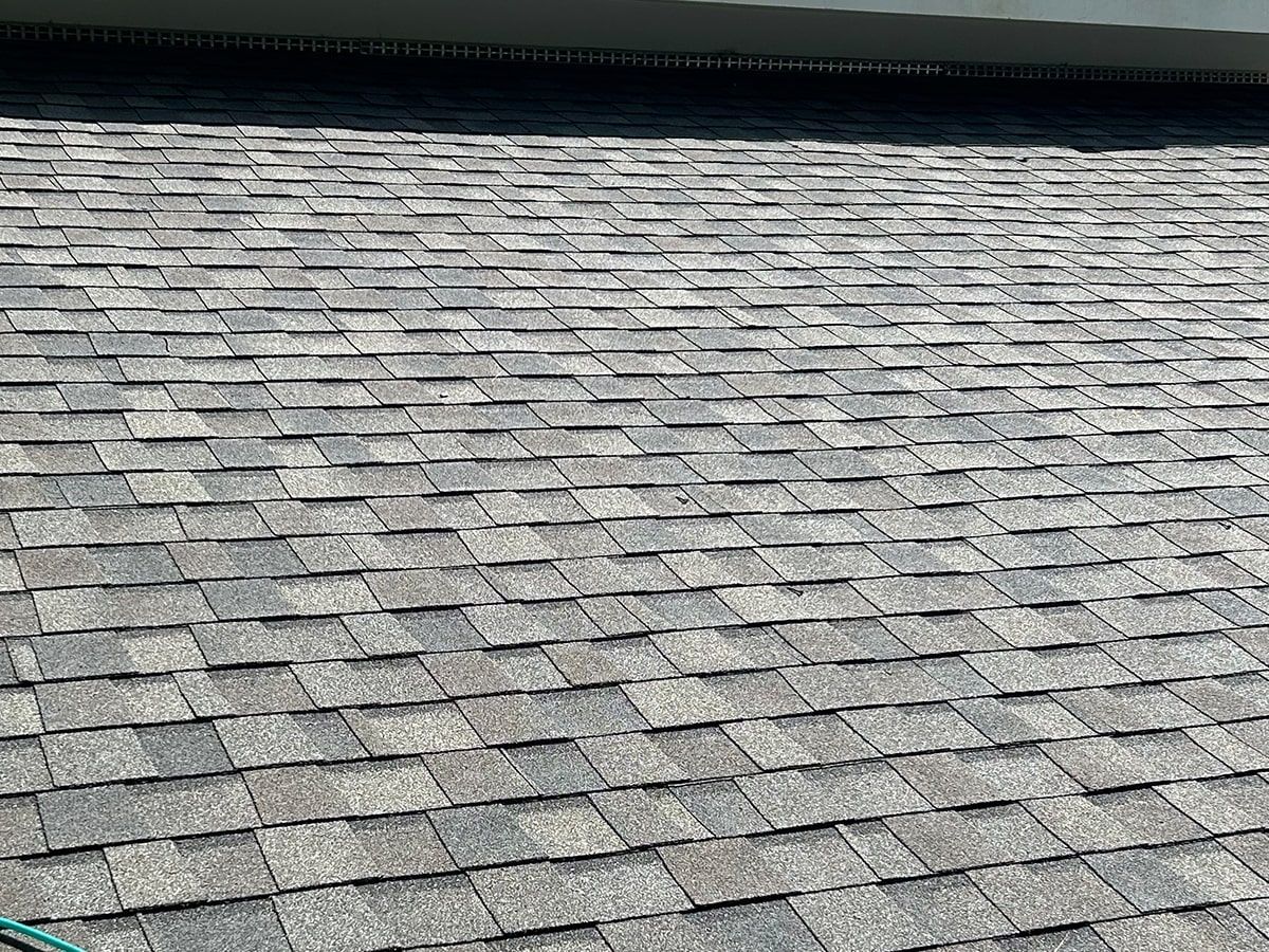 Close-up of a residential roof covered in textured, gray architectural asphalt shingles.