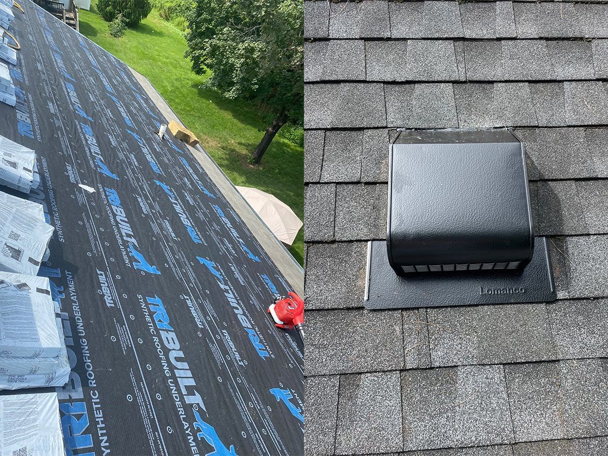 Split view showing roof underlayment being installed on the left and a completed roof vent installed on the right.