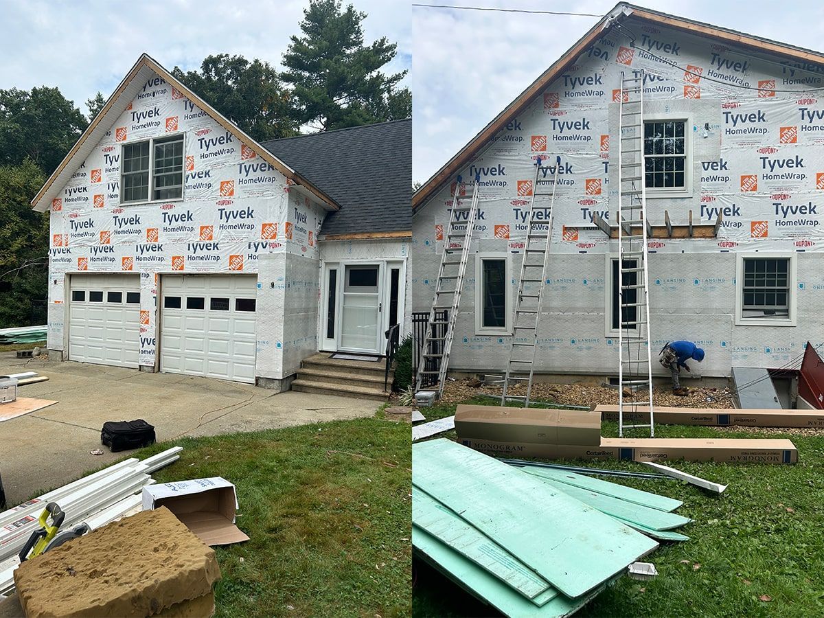 A side-by-side view of a house undergoing exterior renovation, showing Tyvek wrap over siding with a worker on a ladder.