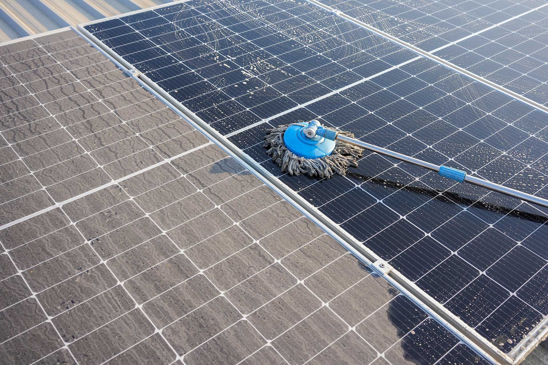 Man using a mop and water to clean the solar panels that are dirty with dust and birds' dropping