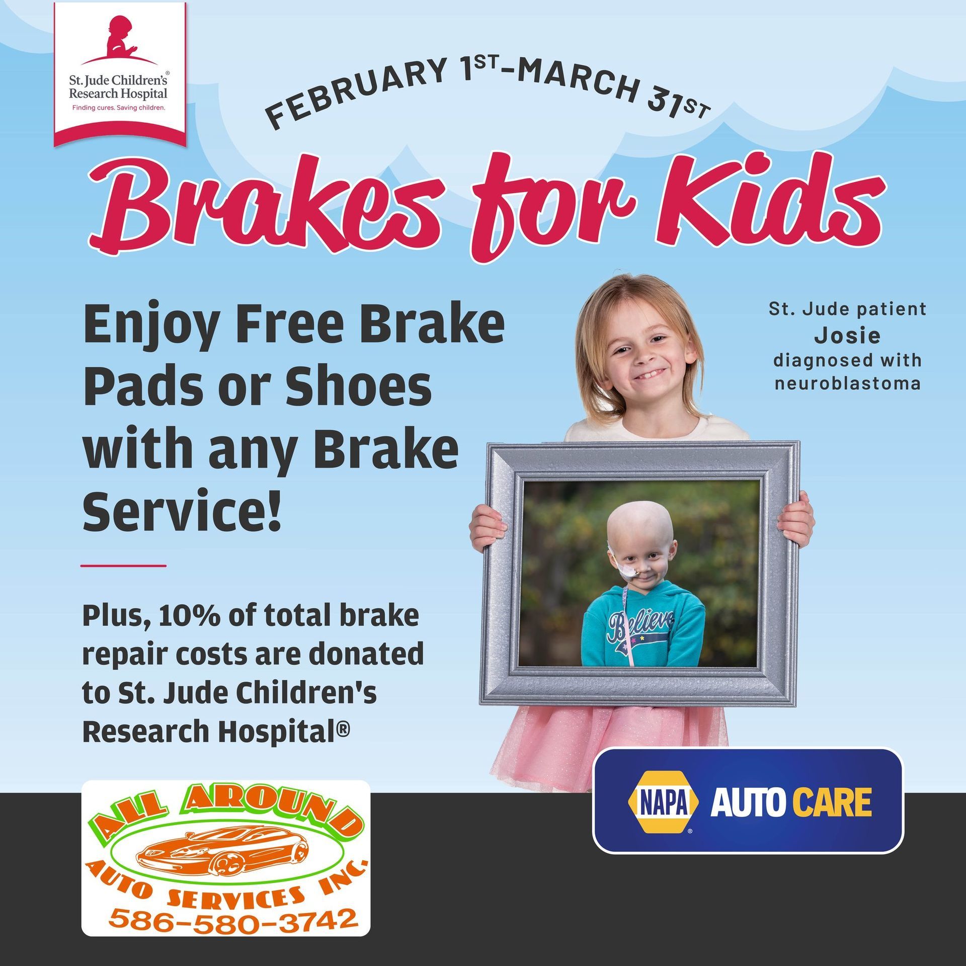 10% of brake repair costs donated to St. Judes 2/1 -3/31