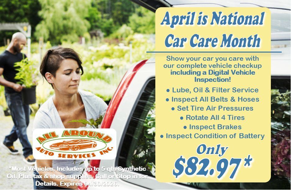 A promotional flyer for All Around Auto Services during National Car Care Month, featuring an $82.97 vehicle checkup offer.