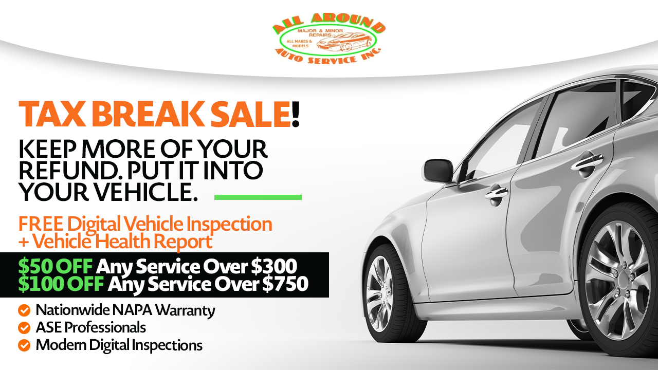 Advertisement for car service with tax break sale details. Offers free inspection, discounts, and warranty. A silver car is featured.