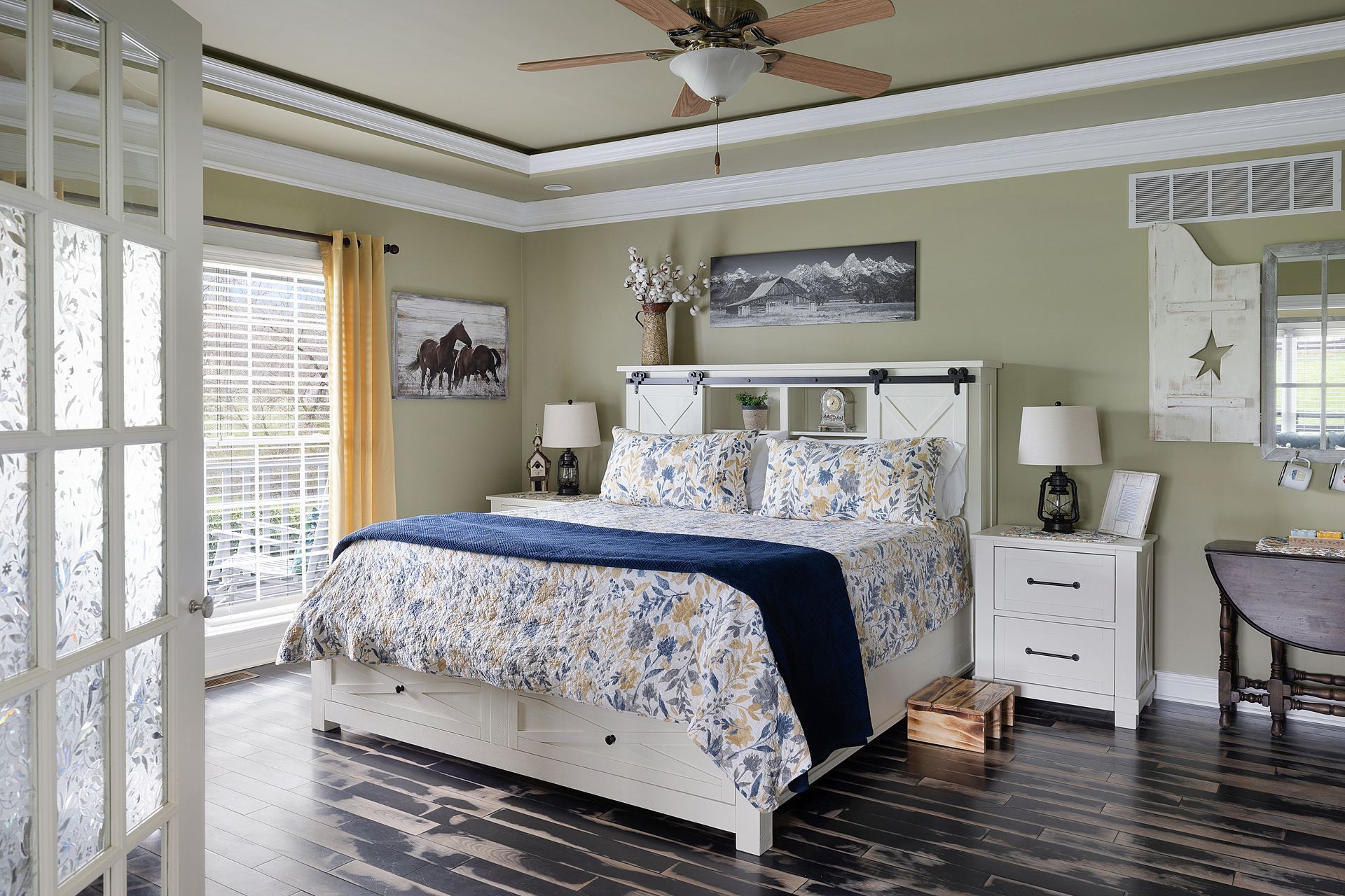 King size bed in a barn-style bedroom