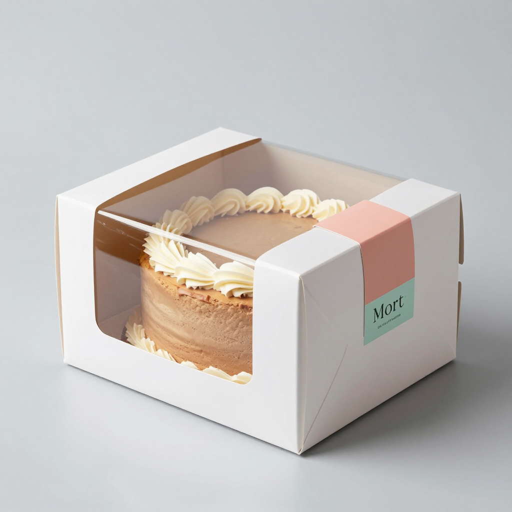 Cake in a white box with a clear window; frosting visible. 