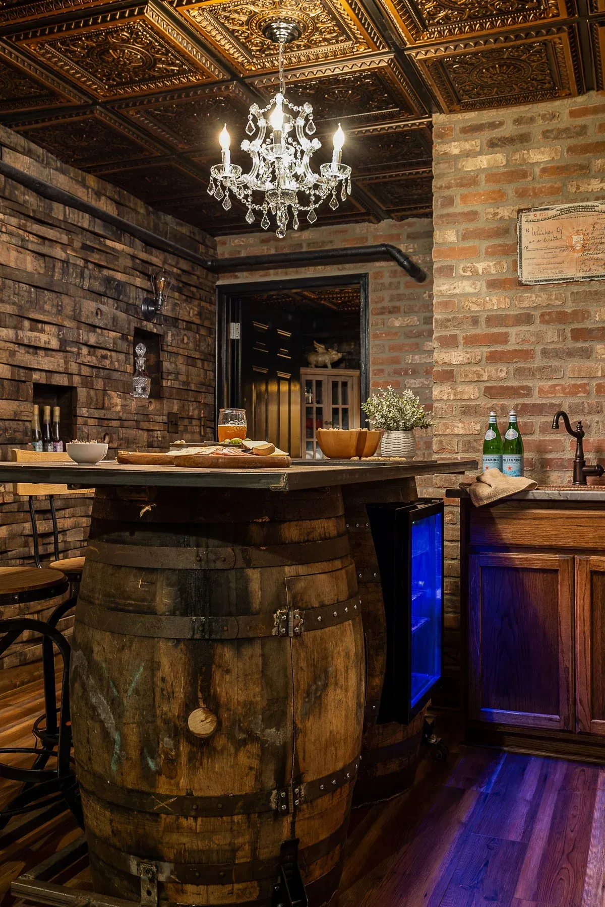 wood barrel with food  and plates