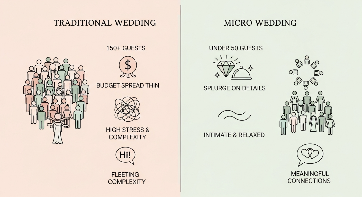 Comparison of traditional and micro weddings: crowd vs small group, with key differences in guest count, details, and stress.