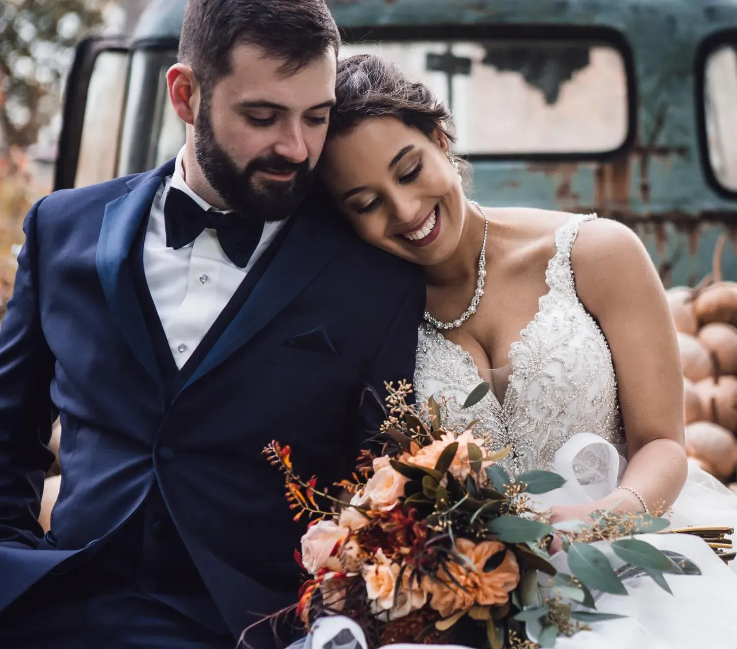 Bride and groom smiling