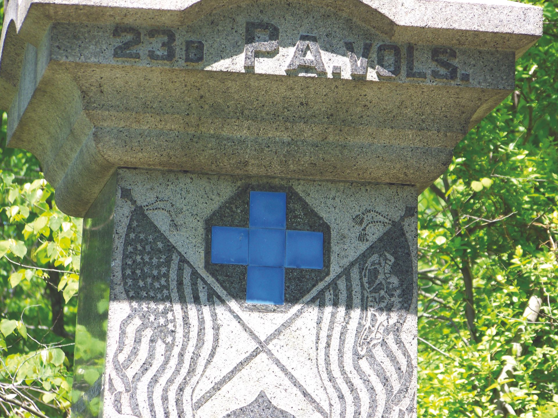 The Greek Cross, shown here on the 23rd PA Memorial on Culp's Hill, the symbol of the Sixth Corps (Author photo)