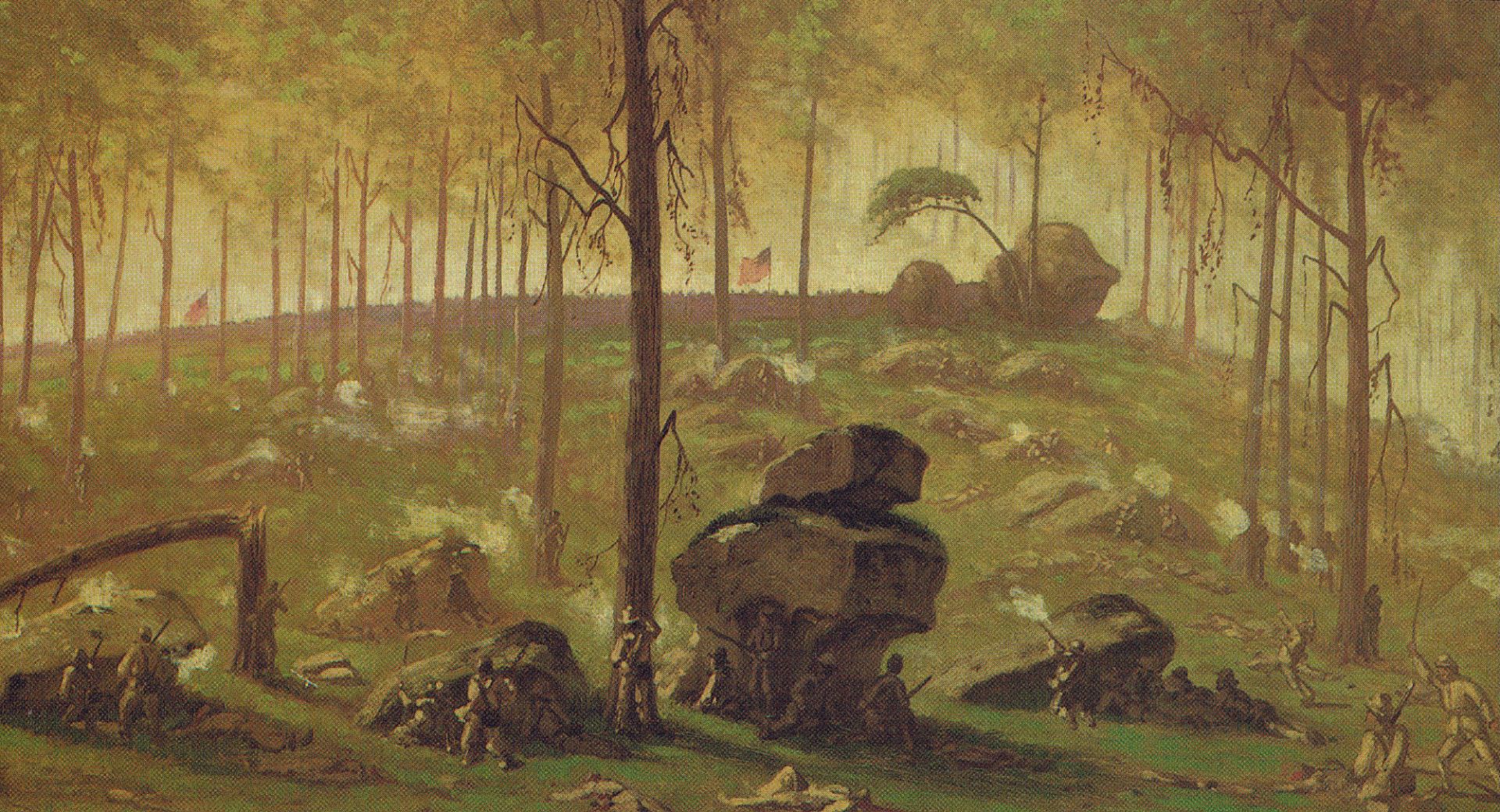 it is a painting of a forest with trees and rocks .