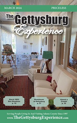 A living room with a couch and chairs on the cover of March 2024 The Gettysburg Experience.