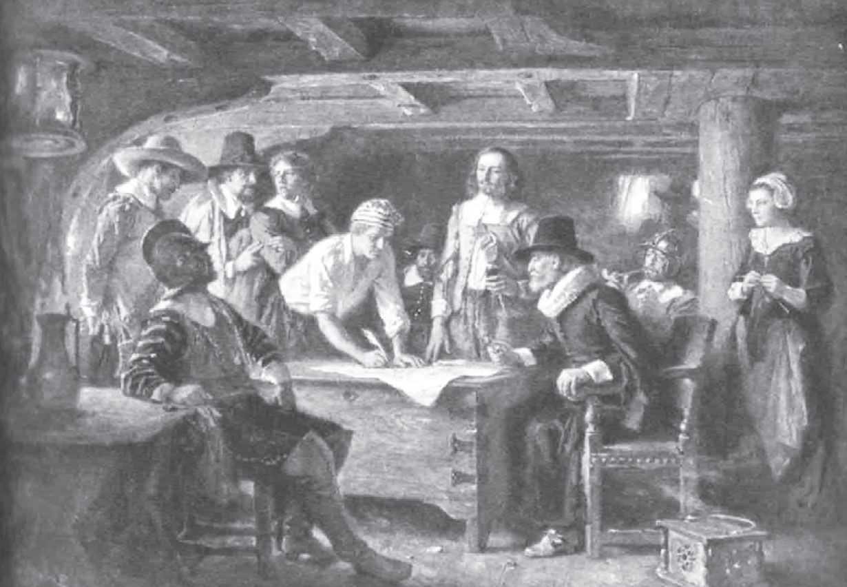 a black and white painting of a group of people sitting around a table .