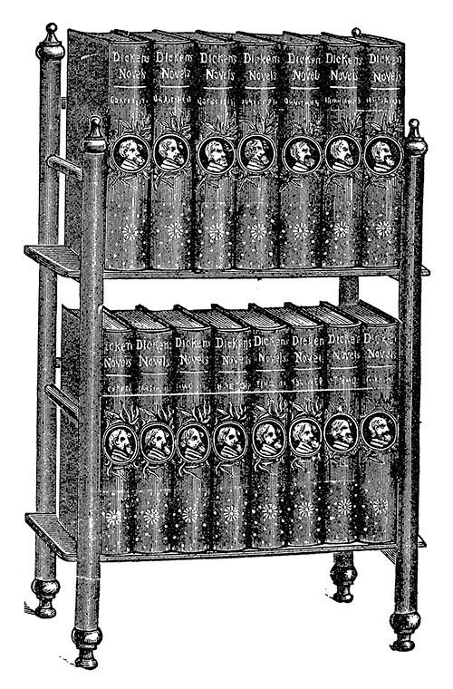 A black and white drawing of a bookshelf filled with books.